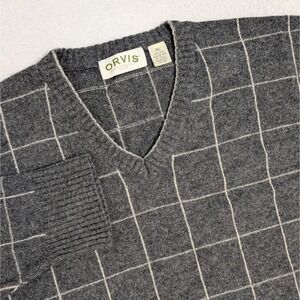 Orvis Knit Windowpane Check Wool Sweater Mens XL V Neck Pullover Gray‎